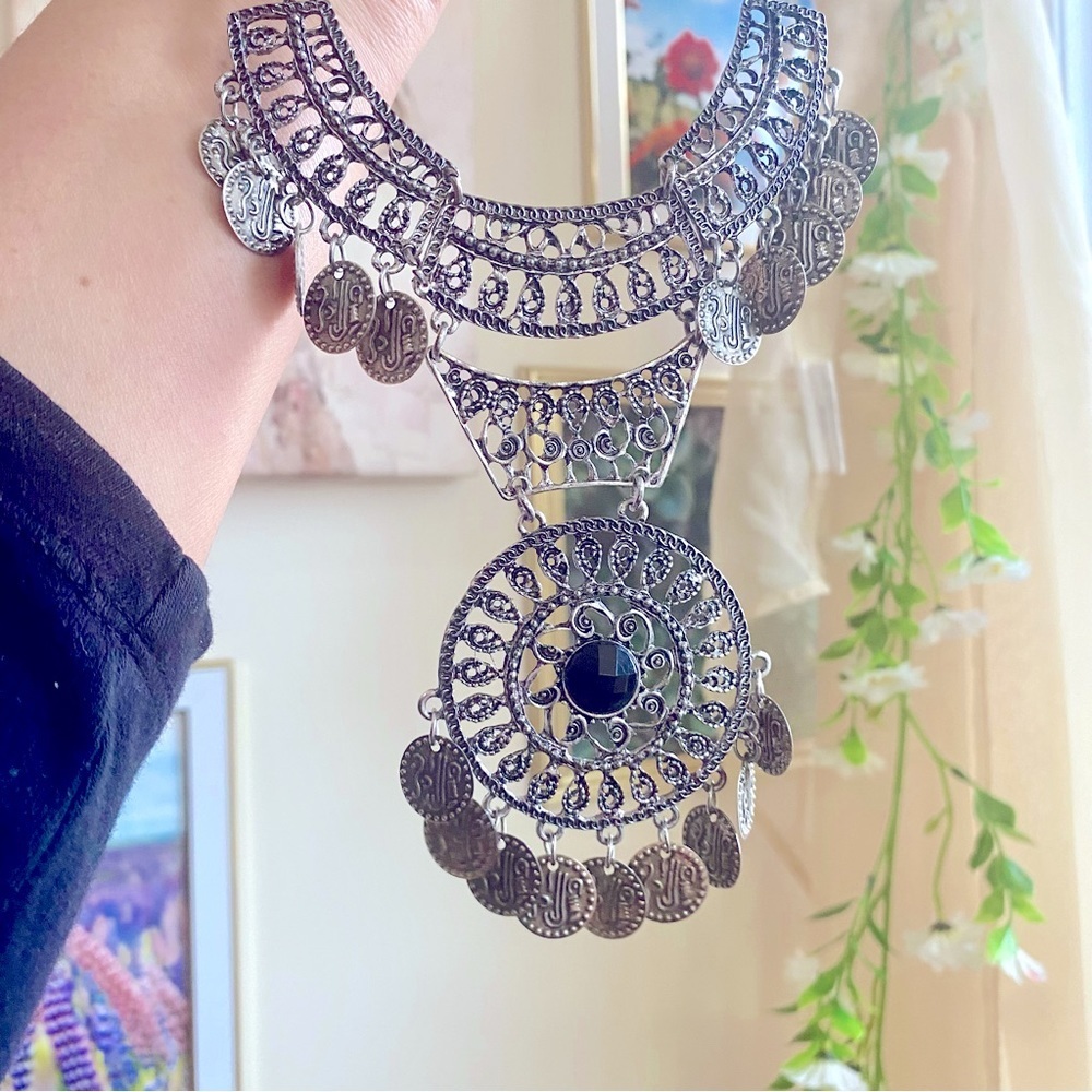 Bollywood Silver Fashion Jewelry Antique coin boho statement fashion necklace